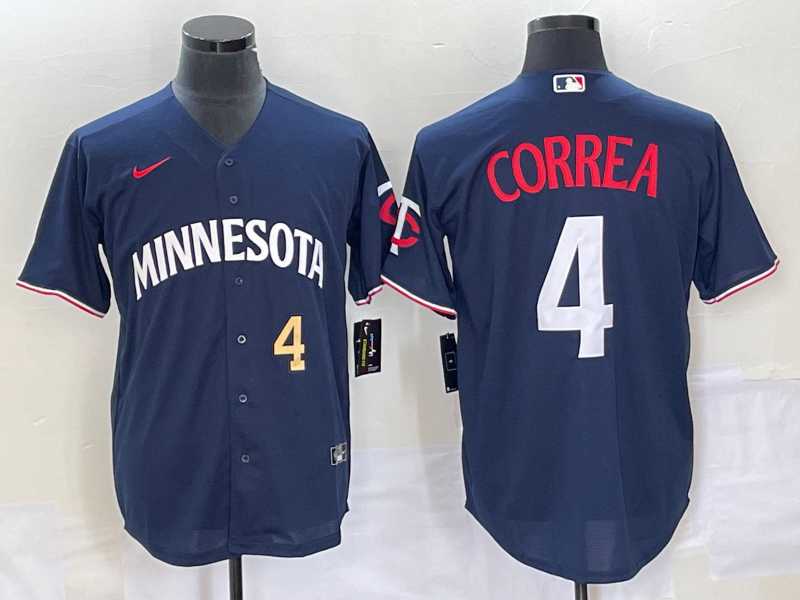 Mens Minnesota Twins #4 Carlos Correa Number 2023 Navy Blue Cool Base Stitched Jersey